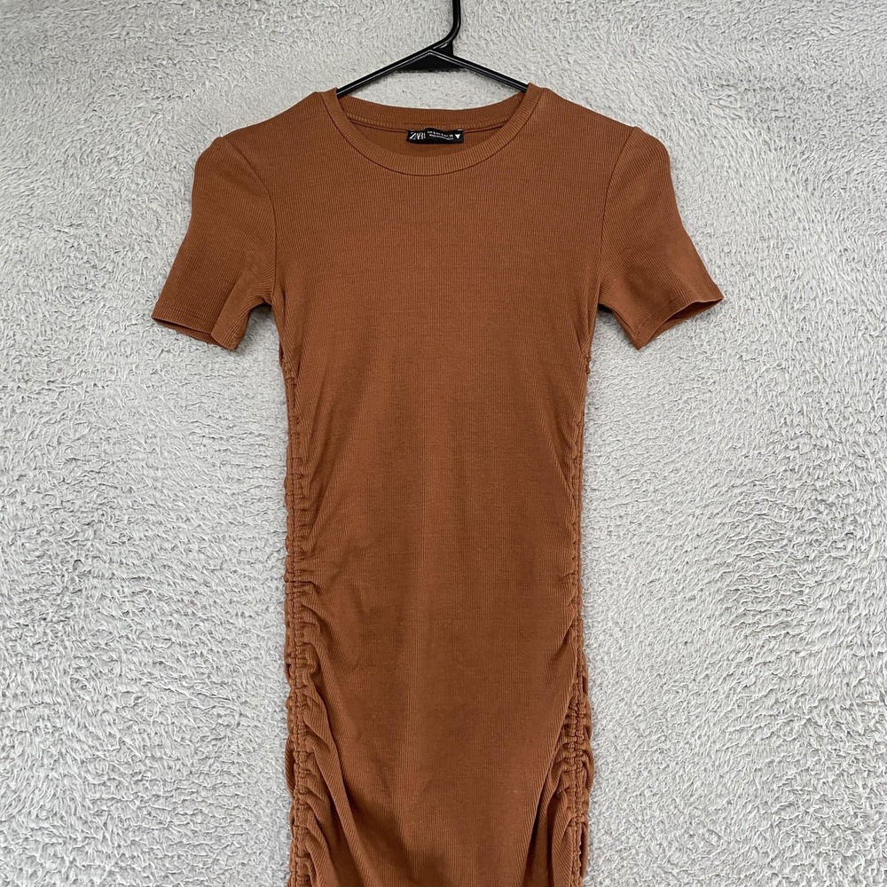 Zara T Shirt Dress Womens S Brown Ruched Bodycon Mini Ribbed Capsule Neutral - Picture 3 of 12